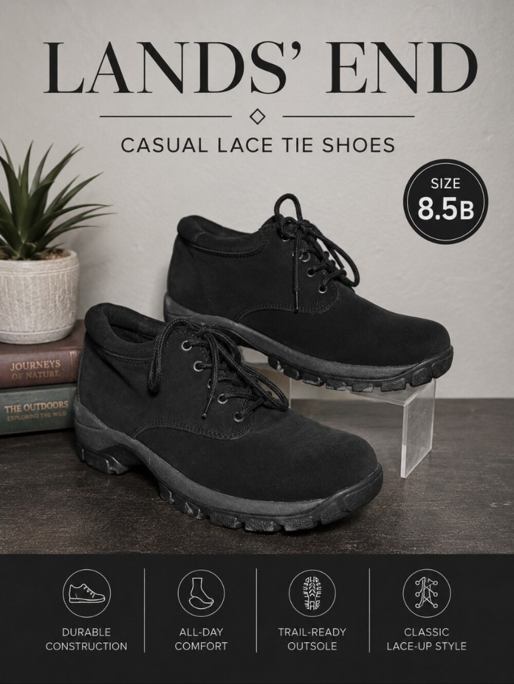 LANDS END 8.5B Casual Lace Tie Shoes Black